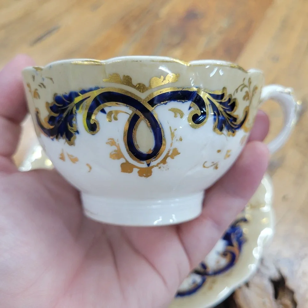 Antique John‎ Ridgway Tea Cup Saucer Cauldon Place Foliage Blue Gilding Acanthus